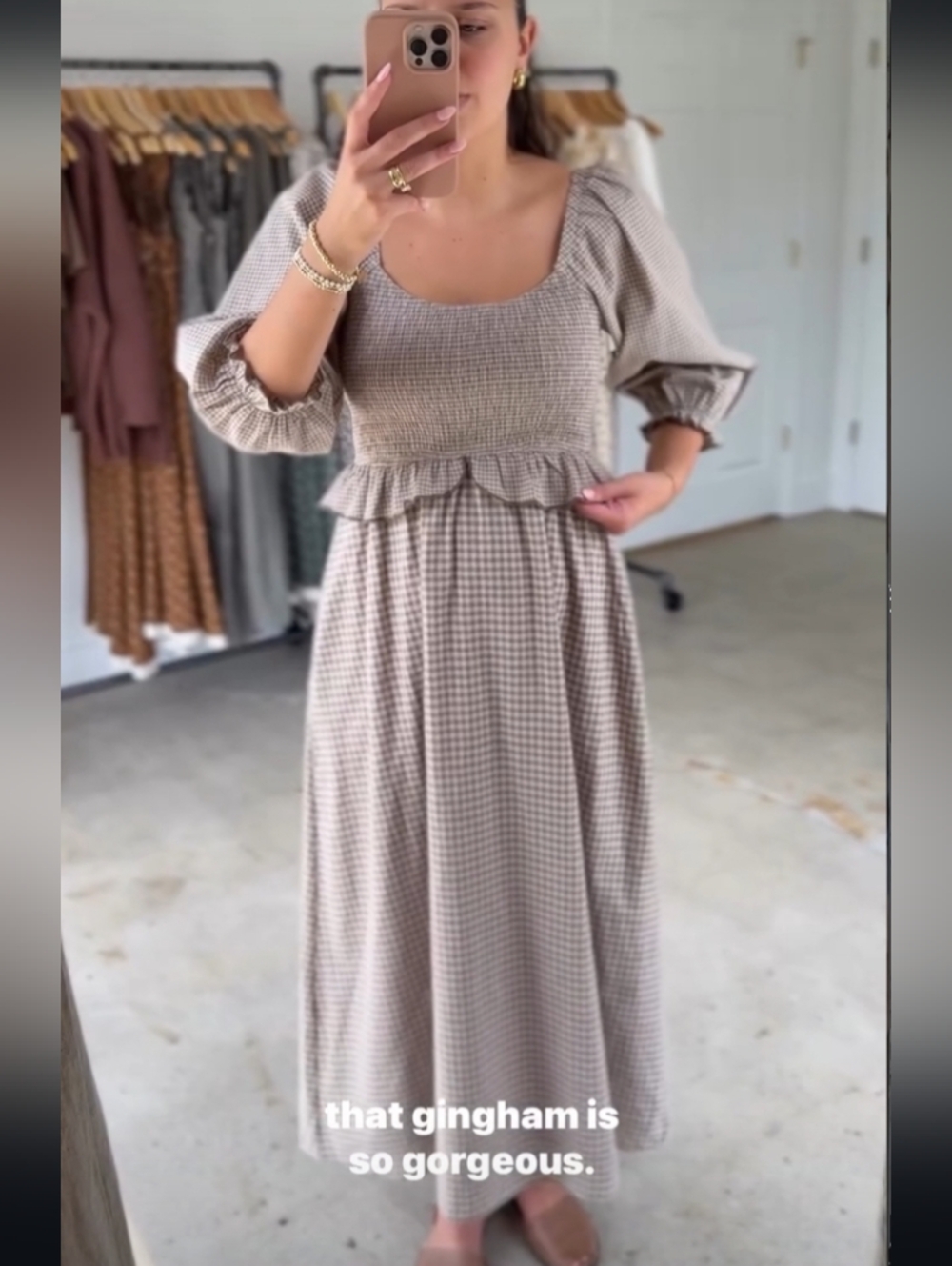 Gingham Maxi Dress with Smocked Bodice - Taupe